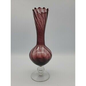EMPOLI Italian Optic Art Glass Purple Amethyst Vase Twisted Stacked Stem Footed